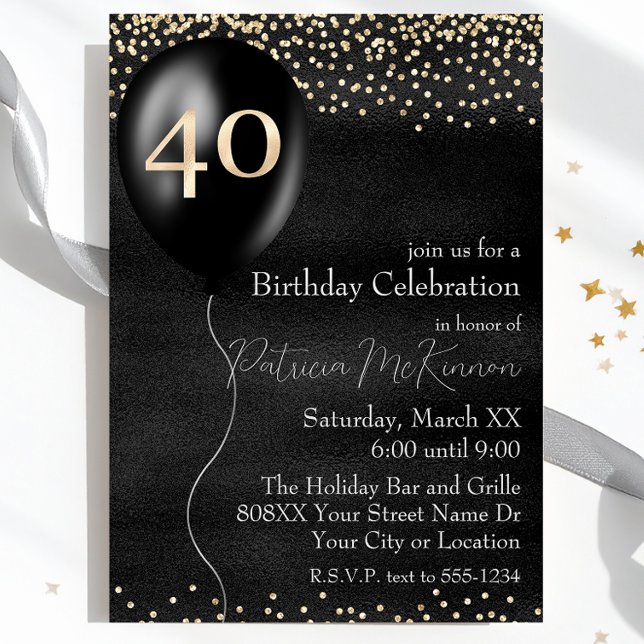 Black and Gold Balloon 40th Birthday Invitation (Creator Uploaded)