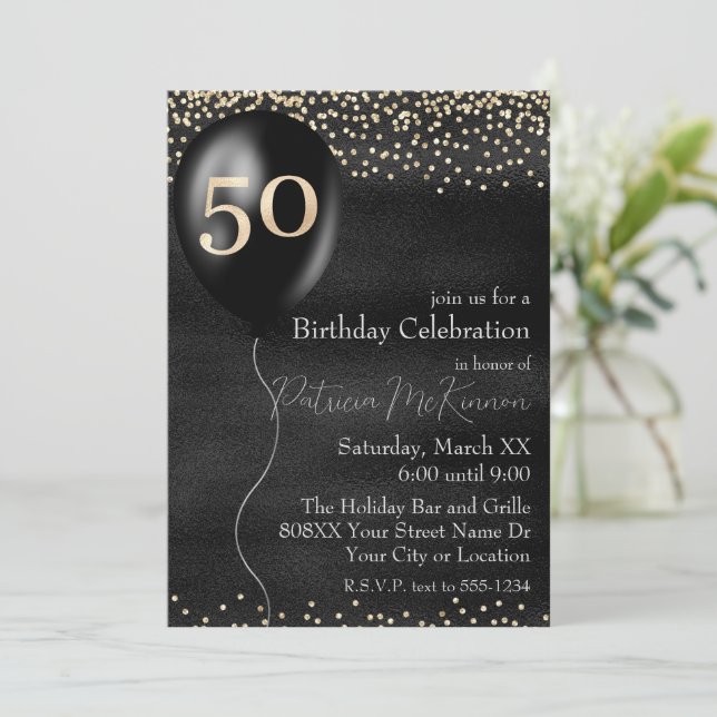 Black and Gold Balloon 50th Birthday Invitation (Standing Front)