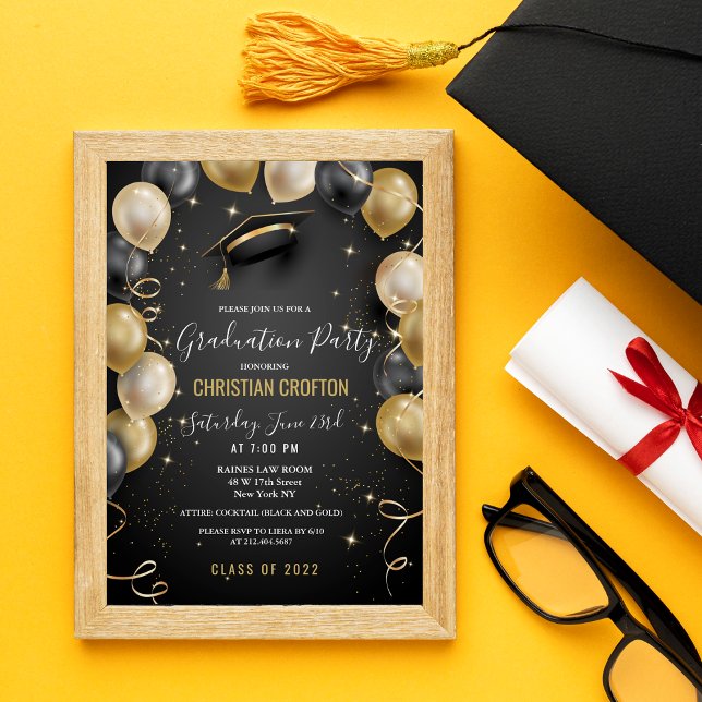 Black and Gold Balloon Graduation Party Invitation (Creator Uploaded)