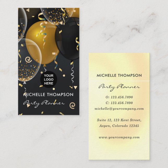 Black and Gold Balloon Party Planner Business Card (Front/Back)