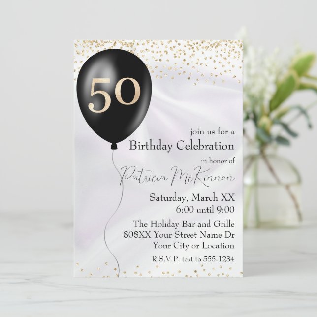 Black and Gold Balloon White Satin 50th Birthday Invitation (Standing Front)