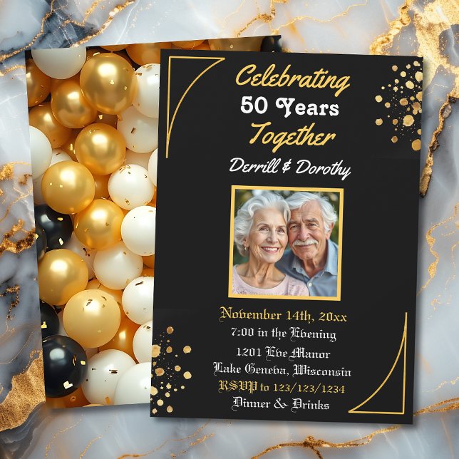 Black and Gold Balloons 50th Anniversary Invitation (Creator Uploaded)