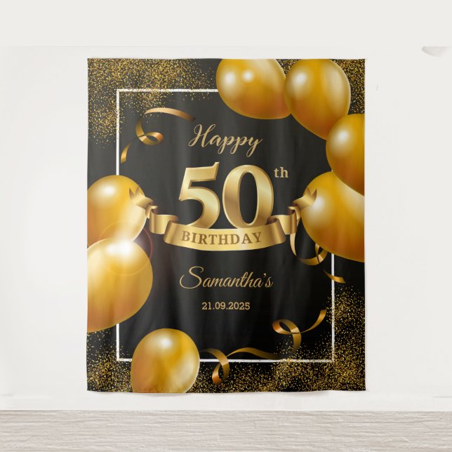 Black and gold balloons 50th birthday backdrop tapestry (Front)