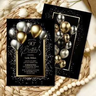 Black and Gold Balloons 90th Birthday Party Invitation