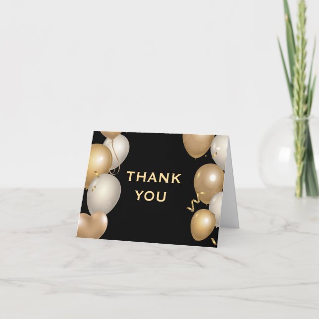 Black and Gold Balloons Confetti Thank You Card (Front)
