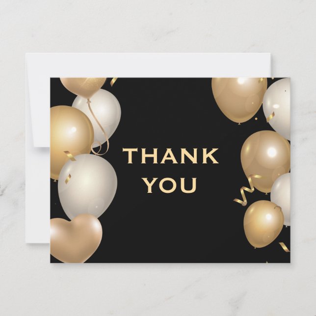 Black and Gold Balloons Confetti Thank You Card (Front)