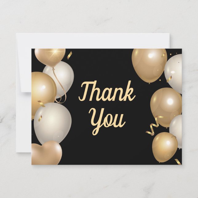 Black and Gold Balloons Confetti Thank You Card (Front)