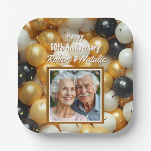 Black and Gold Balloons   Personalised Anniversary Paper Plate