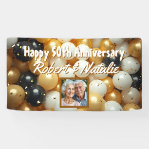Black and Gold Balloons Personalized Anniversary Banner