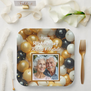 Black and Gold Balloons   Personalized Anniversary Paper Plate