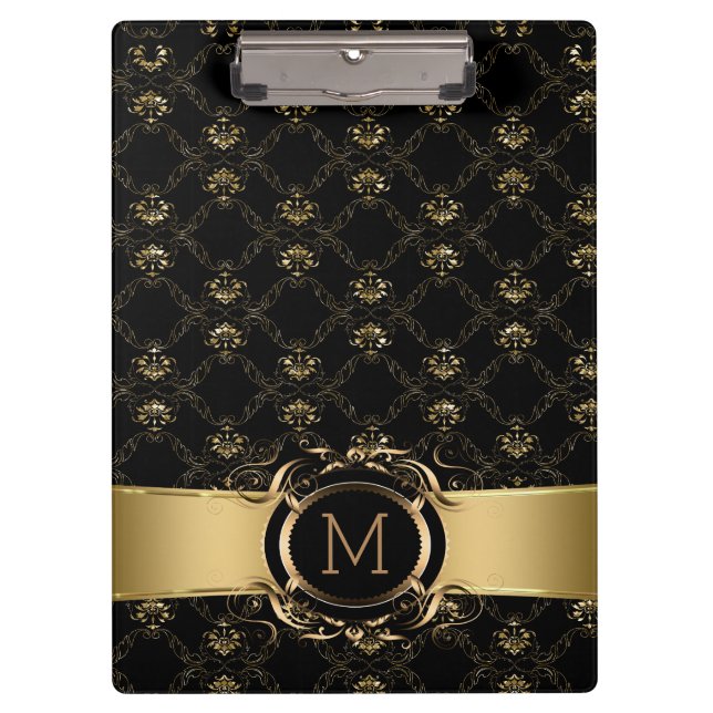 Black And Gold Baroque Damask Ornate Frame Clipboard (Front)