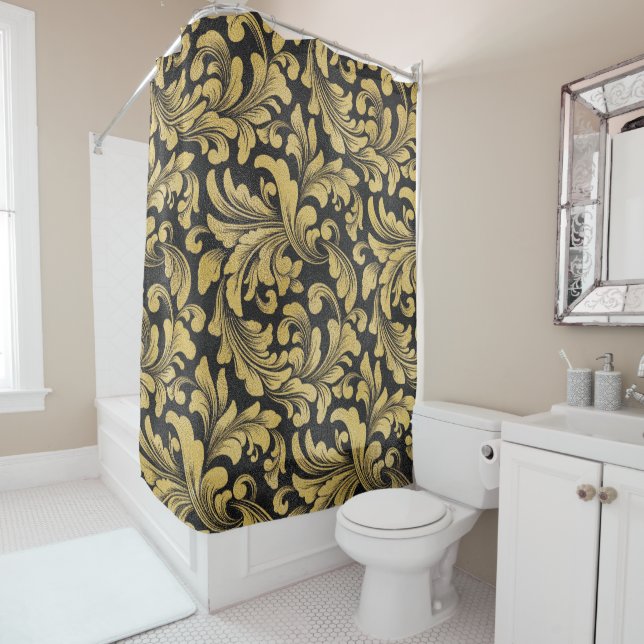 Black and gold baroque floral damask pattern shower curtain (In Situ)