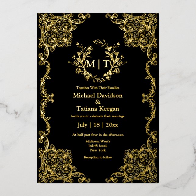 Black and Gold Baroque Floral Monogram Wedding (Front)