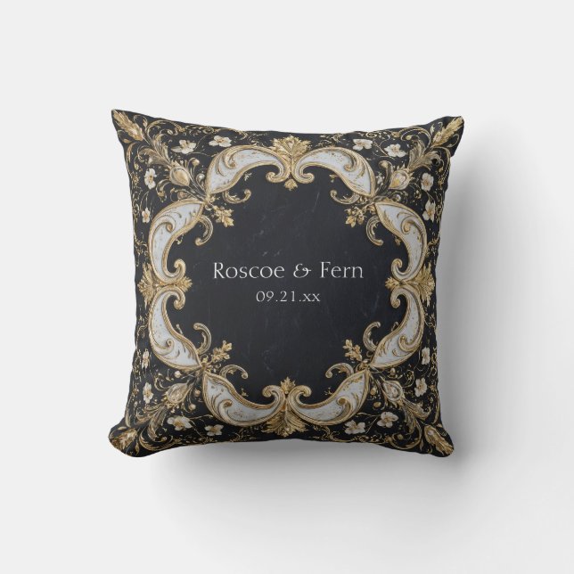 Black and Gold Baroque Floral Wedding Sticker Cushion (Front)