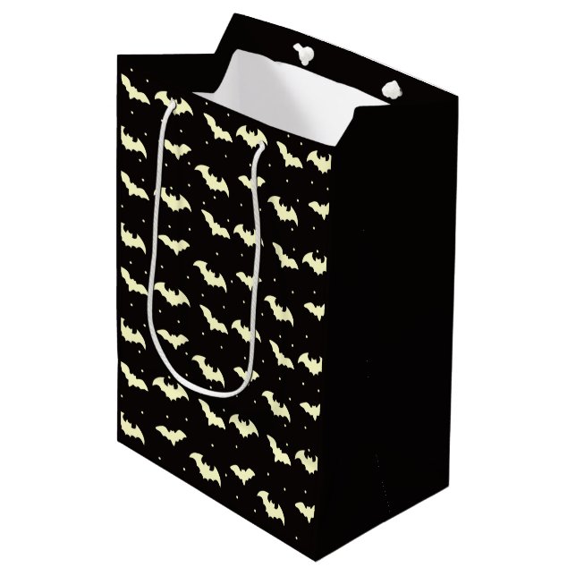 Black and Gold Bats Black Halloween Medium Gift Bag (Front Angled)