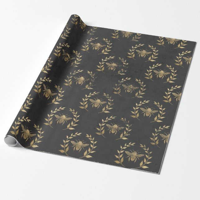 Black and Gold  Bee Wedding Paper Plates (Unrolled)