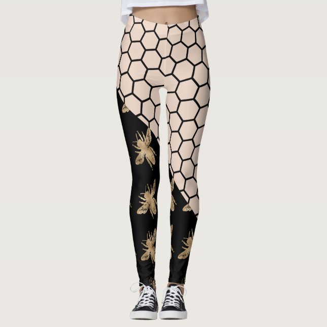 Black and Gold Bees and Pink Honeycomb Leggings (Front)