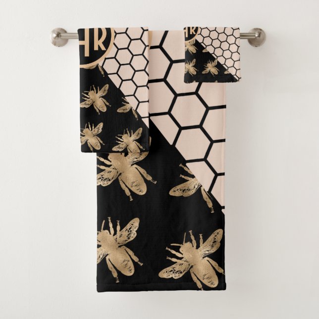 Black and Gold Bees and Pink Honeycomb Monogram Bath Towel Set (Insitu)