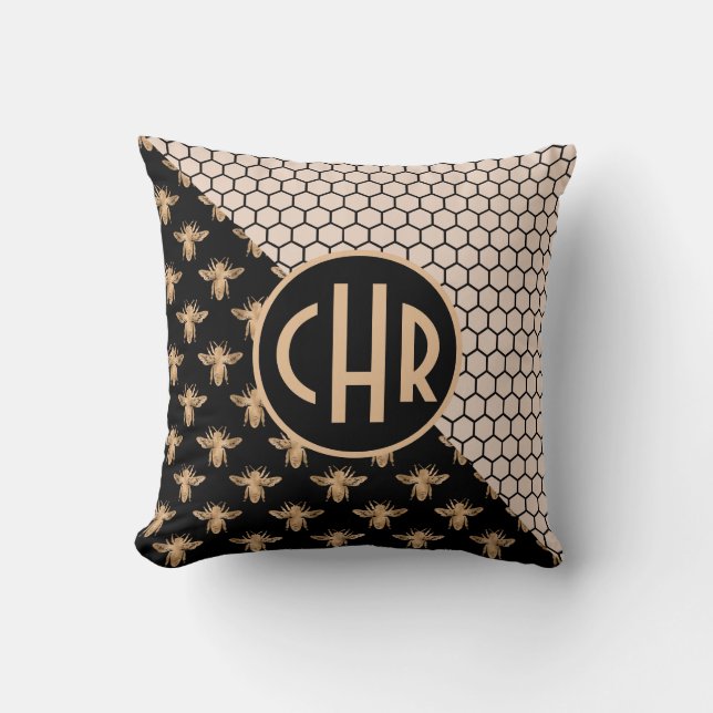 Black and Gold Bees and Pink Honeycomb Monogram Cushion (Front)