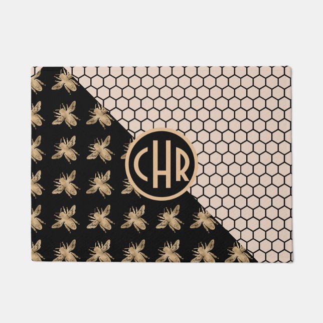 Black and Gold Bees and Pink Honeycomb Monogram Doormat (Front)