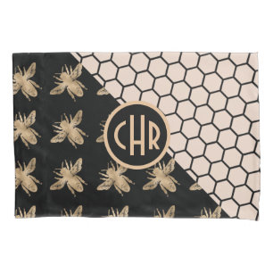 Black and Gold Bees and Pink Honeycomb Monogram Pillowcase