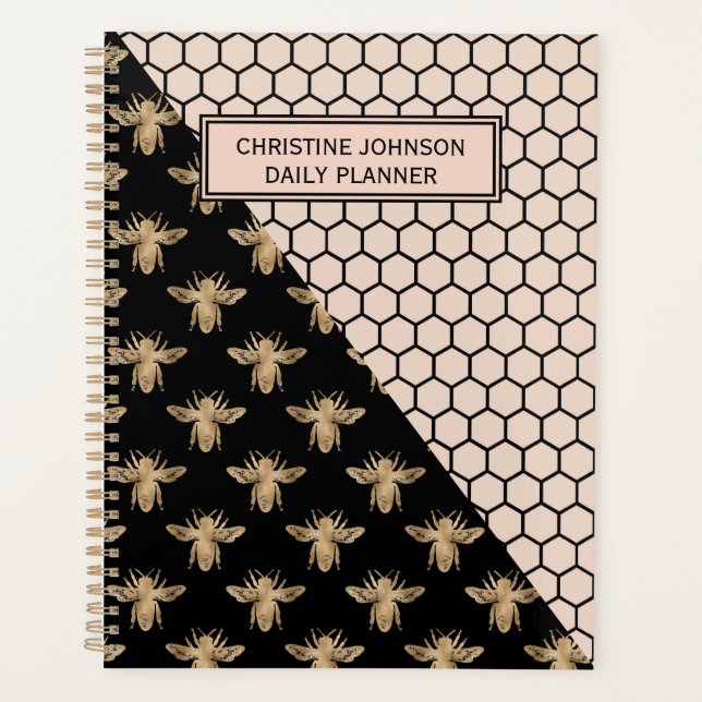 Black and Gold Bees and Pink Honeycomb Monogram Planner (Front)
