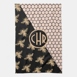 Black and Gold Bees and Pink Honeycomb Monogram Tea Towel