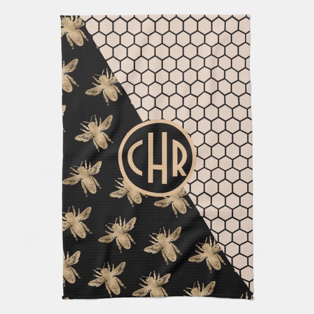Black and Gold Bees and Pink Honeycomb Monogram Tea Towel (Vertical)