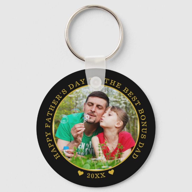 Black And Gold Best Bonus Dad Father's Day Photo  Key Ring (Front)