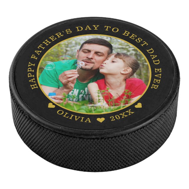 Black And Gold Best Dad Ever Father's Day Photo Hockey Puck (3/4)