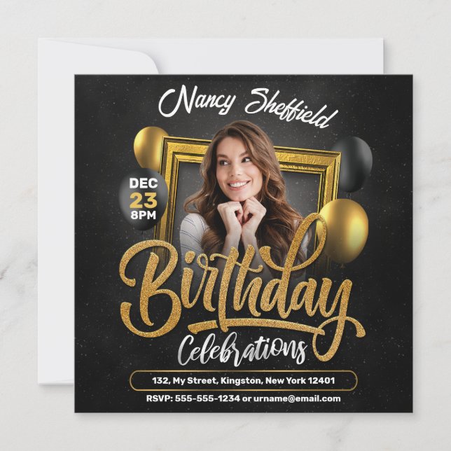 Black and Gold Birthday Celebration Woman Photo Invitation (Front)