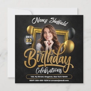 Black and Gold Birthday Celebration Woman Photo Invitation