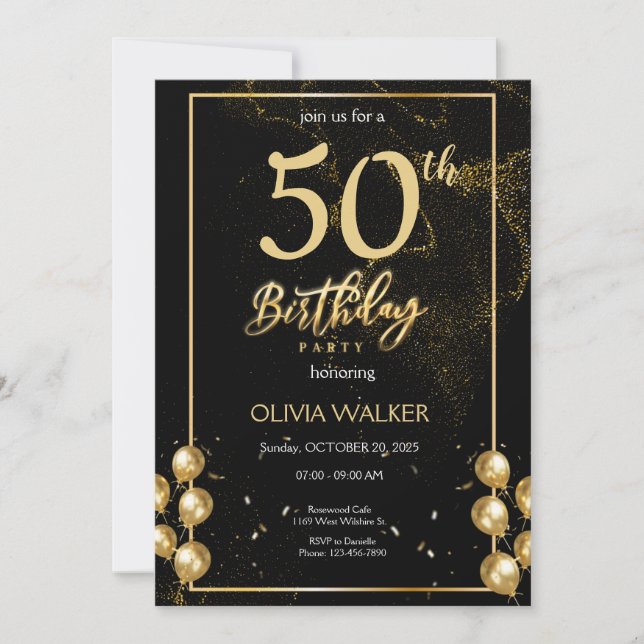 Black and Gold Birthday  Invitation (Front)
