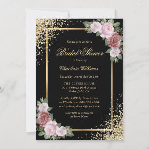 Black and Gold Blush Pink Floral Bridal Shower Invitation