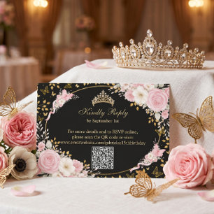 Black and Gold Blush Pink Quinceañera Butterfly RSVP Card