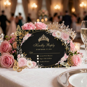 Black and Gold Blush Pink Quinceañera Butterfly RSVP Card