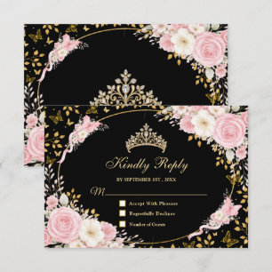 Black and Gold Blush Pink Quinceañera Butterfly RSVP Card