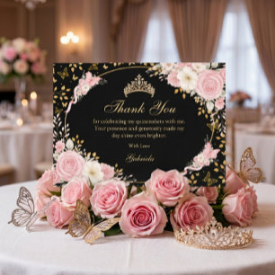 Black and Gold Blush Pink Quinceañera Butterfly Thank You Card