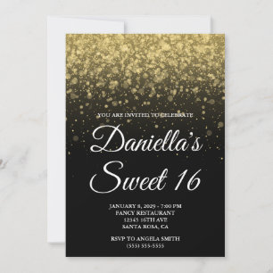 Black and Gold Bokeh Confetti Sweet 16 Invitation