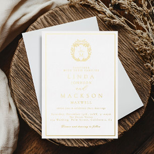 Black and gold botanical crest monogram wedding