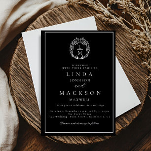 Black and gold botanical crest monogram wedding