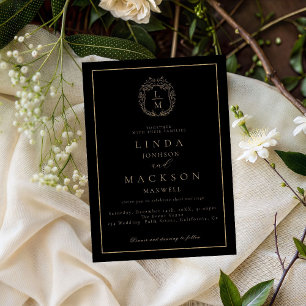 Black and gold botanical crest monogram wedding invitation