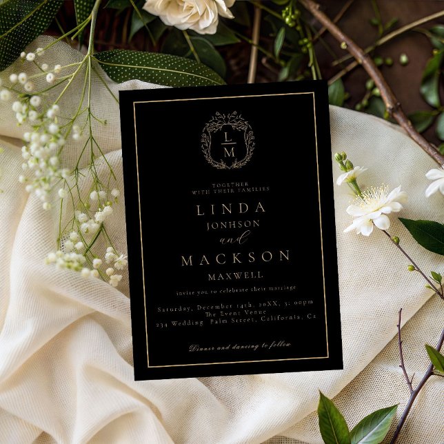 Black and gold botanical crest monogram wedding invitation (Creator Uploaded)