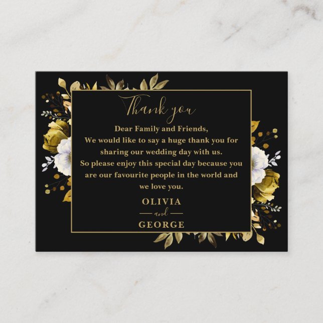 Black And Gold Botanical Floral Wedding Thank You Place Card (Front)