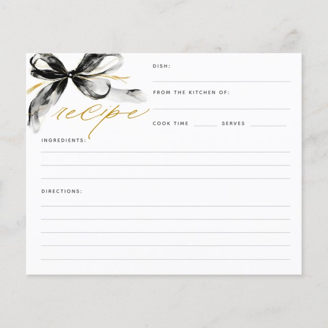 Black and Gold Bow Bridal Shower Recipe Card (Front)