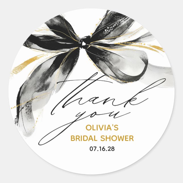 Black and Gold Bow Chic Whimsical Bridal Shower Classic Round Sticker (Front)