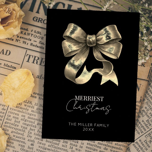 Black and Gold Bow Minimalist Christmas Holiday Card (Creator Uploaded)