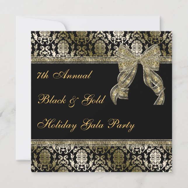 Black and Gold Bowed Damask Holiday Party Invite (Front)