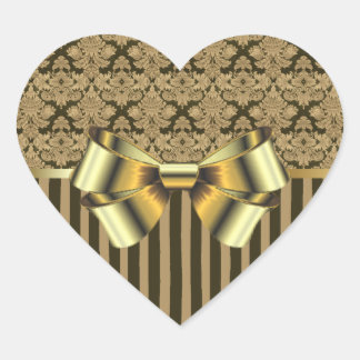 Black and Gold Brocade and Bows Heart Sticker