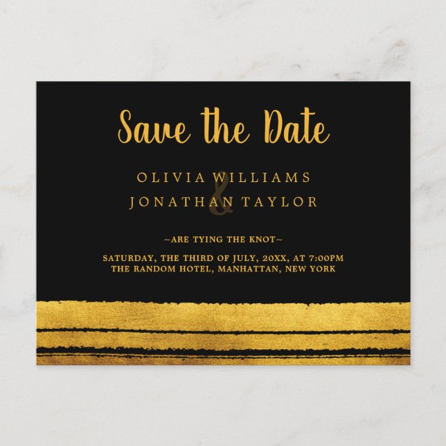 Black and Gold Brush Stroke Save The Date Postard Announcement Postcard (Front)